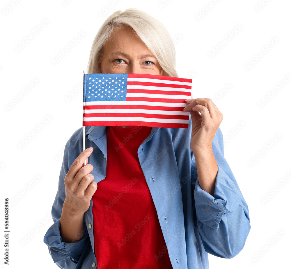Mature woman with USA flag on white background