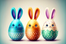 Cute Funny Easter Eggs With Painted Bunny Head. Three Bunny Easter Eggs. Easter Eggs With Bunny Face And Ears. Generative AI