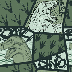 Aufkleber - fashion abstract seamless pattern with dinosaur. patch, stickers, dots and words. cool background on