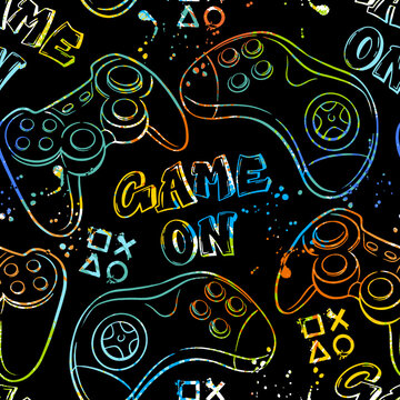 Seamless abstract pattern with colorful silhouettes joystick game. Background for boys.
