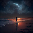 silhouette of a man on a night beach. Generative AI