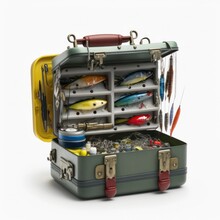 Detailed Illustration Of A Fishing Tackle Box Filled With Lures, Hooks, Leads, Weights, And Equipment Isolated On A White Background, Generative Ai