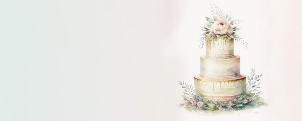 Wall Mural - Wedding Cake with copy space - Watercolour (Generative Art - AI)