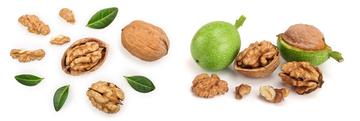 Wall Mural - Walnuts with leaf isolated on white background. Top view. Flat lay