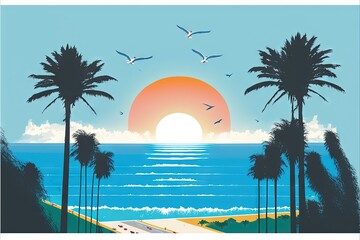  a painting of a sunset with palm trees and a beach with a car driving on the road in front of it and birds flying over the water and a beach with a sun setting in the background. Generated AI