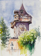 Vew of the landmark medieval clock tower in downtown Graz, Austria. Picture created with watercolors.