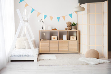 Sticker - Stylish interior of children's room with baby bed