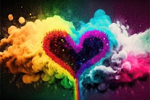 Generative AI Rainbow Love And Hearts With Glitter And Sparkle, Bright Colors With Illuminated Black Background