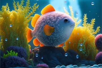 Fototapete - Big spotted fish on the background of blue ocean coral algae and sea urchins.Underwater world flora and fauna cartoon bright background.AI generated.
