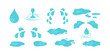 Tear cry eye, water drop, puddle and sweat. Cartoon expression icon set. Blue splash and droplet isolated on white background. Abstract illustration