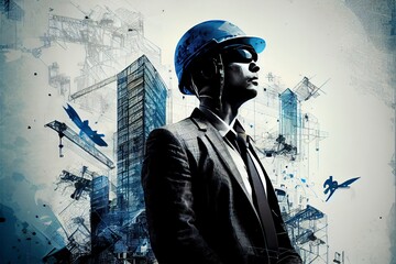 Wall Mural - A double expousure of a worker and a building site, Generative AI