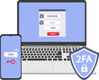 2FA Two Step Authentication.Unlocking via mobile phone. Vector flat illustration.
