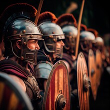 The Roman Ancient Army Is Preparing For Battle. A Formation Of Roman Ancient Soldiers. Generative AI Art.