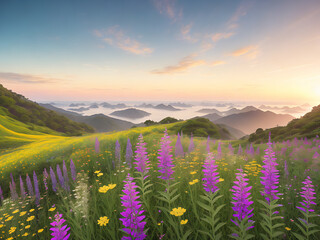 Wall Mural - spring high meadow landscape illustration - generative ai image