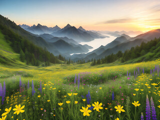 Wall Mural - spring high meadow landscape illustration - generative ai image