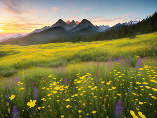 Wall Mural - spring high meadow landscape illustration - generative ai image