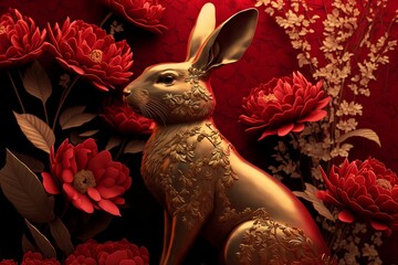 Wall Mural - Gold Rabbit with Chinese Red Flowers