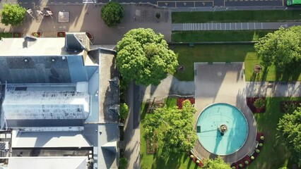 Poster - Round fountain of Christchurch gardens up to CBD skyline – aerial pano 4k.
