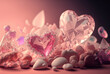 Pink crystal hearts background, digital painting and photorealistic mix. Created with generative AI technology.