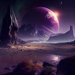 Wall Mural - a deserted abstract colorful alien landscape. alien planets during sunrise. a beautiful landscape on