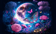 Fantasy Wallpaper With Fairy Tale Forest, Magical Butterflies, Magnificent Roses Against The Backdrop Of A Starry Sky And A Huge Moon. Magic Light. Digital Art, Generative Ai
