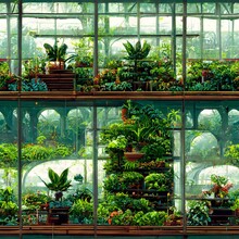 Nintento Video Game Background Pixel Art Inside View Of Greenhouse Plant Nursery Conservatory With Plants Paths Windows Levels Wallpaper 