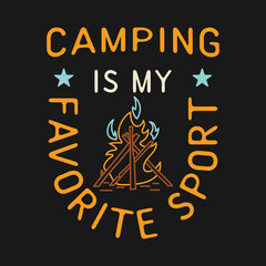 Wall Mural - Camping T Shirt Design in minimalist Line Art Style with Quote - Camp is my favorite sport. Travel linear Emblem. Hiking Colorful Label. Stock