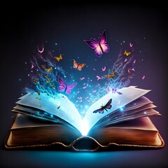 Open magic fantasy book with lights. Generative Ai