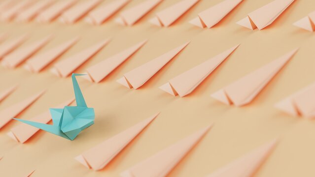 Origami of green crane and many soft orange airplanes on soft blue board under white lighting background. Concept 3D CG of Japanese traditional culture, wish for world peace and legendary president.