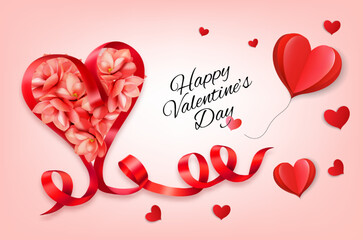 Aufkleber - Happy Valentine's Day getting card  with a red heart shape ribbon and flowers of magnolia. Vector.