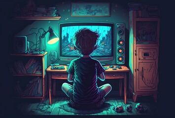 boy playing video games in a room. colorful lights and cartoon style. generative ai