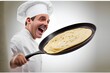 Chef holding a pan and having fun flipping a tasty French crepe pancake for Candlemas traditional celebration in February, funny digital illustration, made with AI Generative