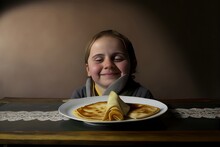 Funny Child Looking Greedily At A Plate Of French Crepe Pancakes For Candlemas Traditional February Holiday, The Hungry Boy Or Girl Can't Wait To Eat A Delicious Pancake, Made With AI Generative