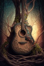 Acoustic Guitar Grown Into Enchanted Forest, Roots And Branches. AI Generative Art, Illustration Generated By AI
