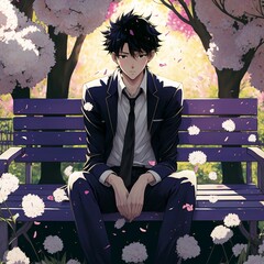 Cute Anime Boy sitting on a bench, school suit