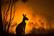Australian Bushfire With Kangaroo Silhouette Created With Generative AI