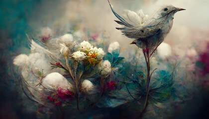 Wall Mural - Illustrative design with a white bird landing on the flowers. Blurred background. Generative AI.	