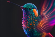Picture Of A Multicolored Hummingbird. Slight Depth Of Field And Blur. Neon Colors. Generative AI. 