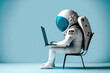 canvas print picture - Astronaut sitzt an einem Schreibtisch und arbeitet am Laptop - Generative AI