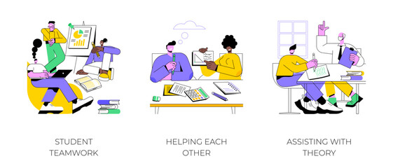 Poster - peer tutoring isolated cartoon vector illustrations set. student teamwork, helping each other, assis