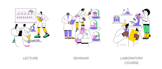 Poster - Medical college classes isolated cartoon vector illustrations set. Lecture and seminar, laboratory course, teaching assistant to medical students, university educational process vector cartoon.