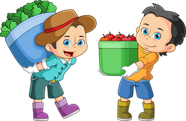 Sticker - Two men carrying a large basket filled with fresh fruits and vegetables