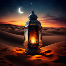 Arabic Lantern In A Desert. Holy Month Of Ramadan Concept. Dusk Sky, Crescent Moon. Copy Space. Generative AI