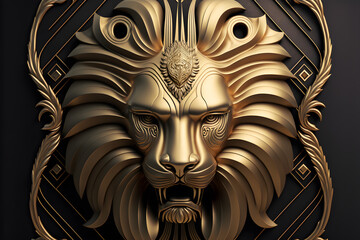 Surreal illustration in art deco of a lion. Gold edges and frontal view with ornaments. Symmetric design. Generative AI. 