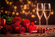 Two Champagne Glasses On Sparkling Red Bokeh Background. Valentine's Day Dinner Invitation. Christmas And New Year Holiday Party.. Generative AI