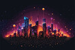 Abstract city background. Futuristic cityscape with glowing neon lights. Vector illustration.