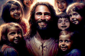 realistic painting of jesus smiling, let the little children come to me, created with generative ai 