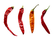 Set Of Dry Hot Chili Peppers Top View, Isolated On White Background. With Clipping Path, Focus Stacking