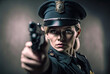 Policewoman pointing a gun. Fictitious badges. Generative AI
