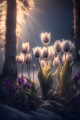 Wall Mural - Group of beautiful tulips in a dreamy forest. Cinematic light. Generative AI.